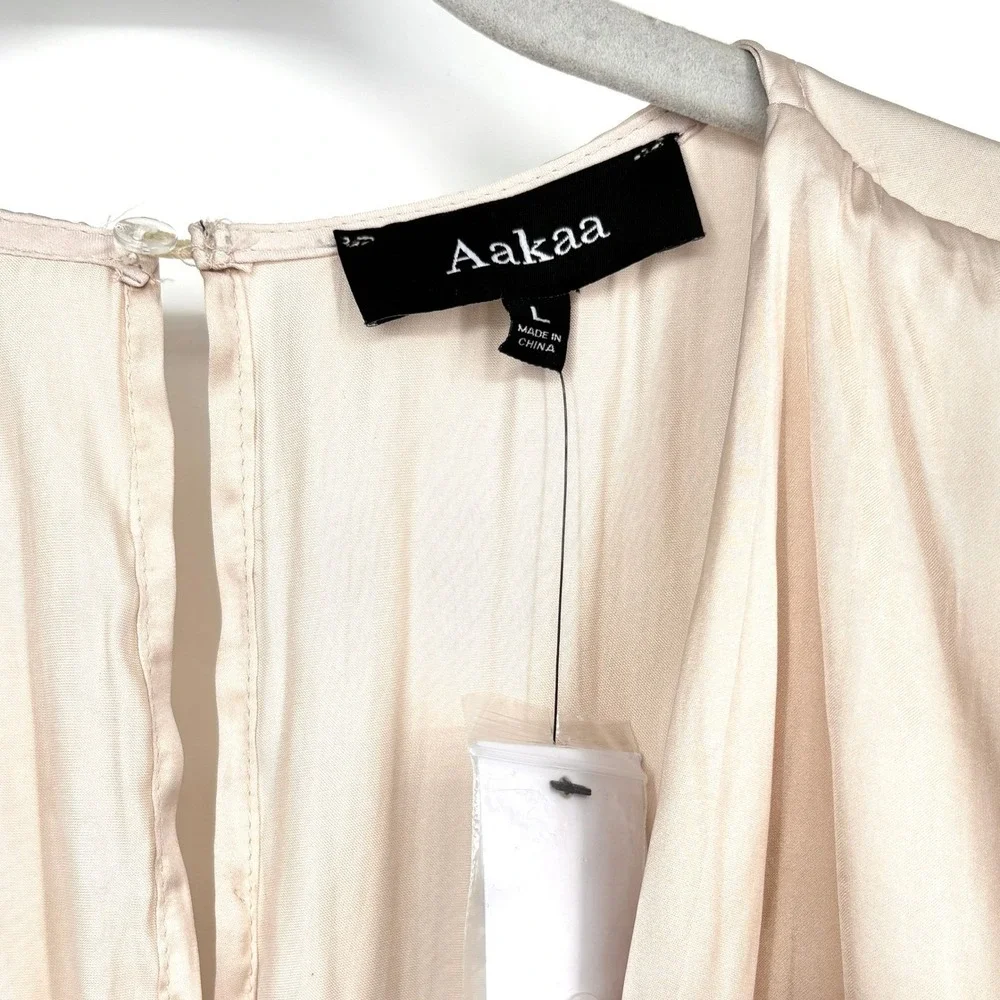 NWT Aakaa Satin Ruched‎ Midi Dress Sheath V Neck Champagne Beige Lined Draped L - Picture 3 of 14